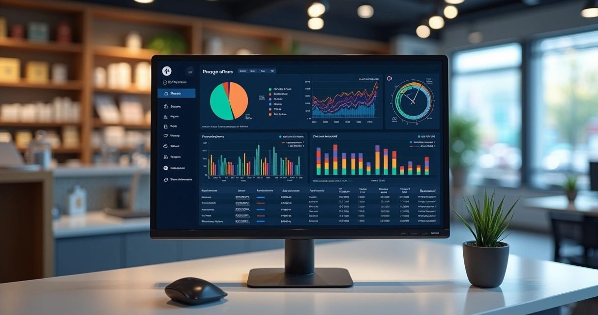 Tela de computador exibindo dashboard de fluxo de caixa e vendas. 