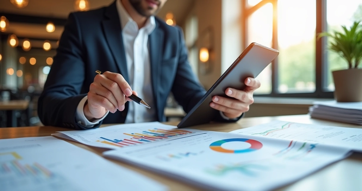 Restaurateur analisando fluxo de caixa em tablet 