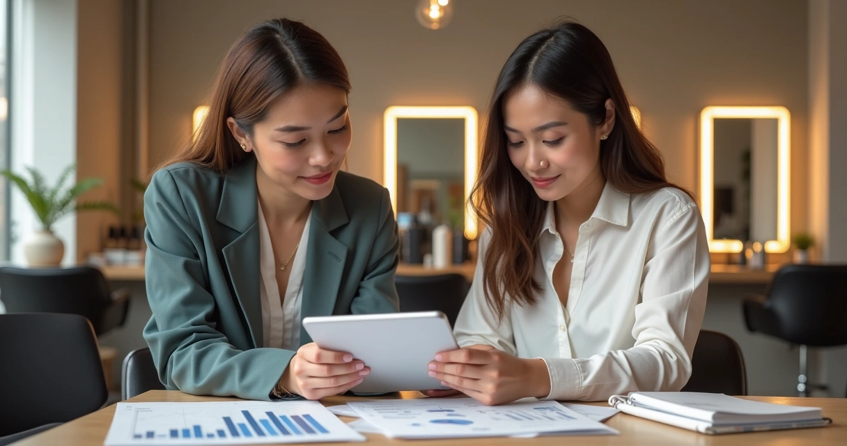 Gráfico de fluxo de caixa em tempo real com profissionais de salão analisando dados em um tablet 