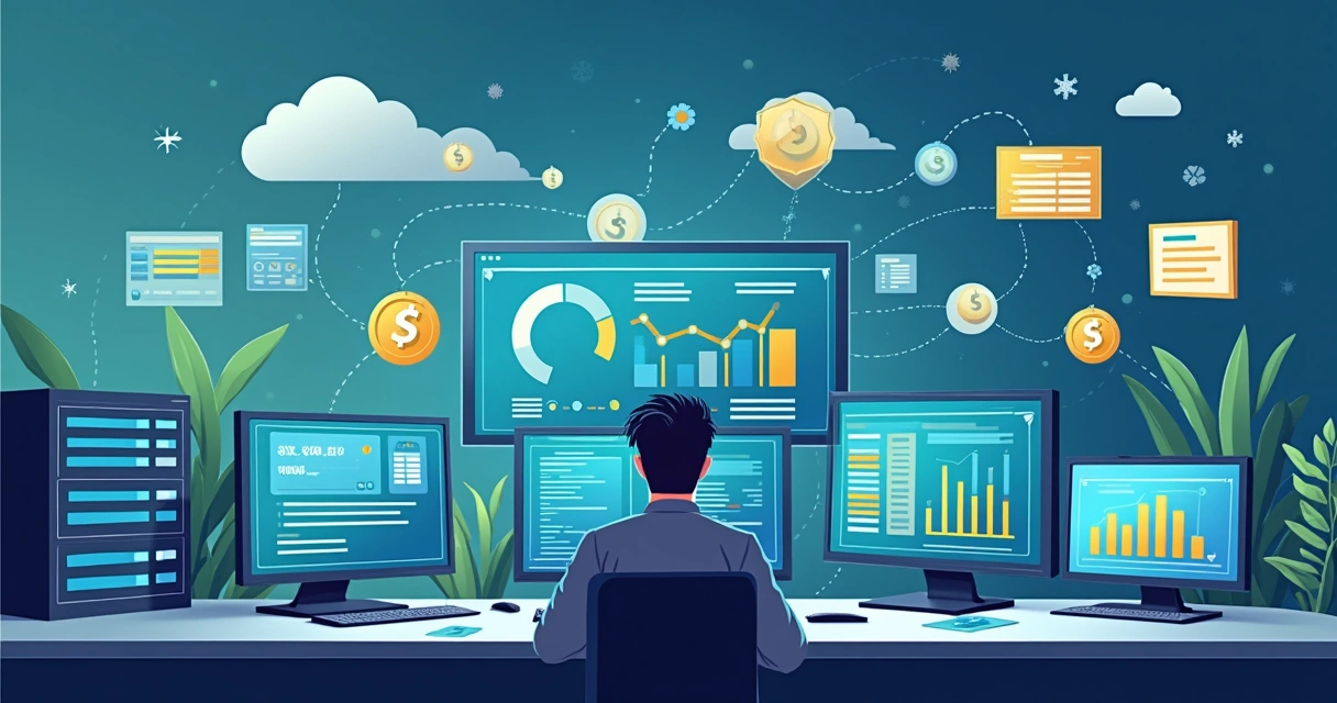 Fluxo de caixa digital com ícones de tecnologia e gráficos 