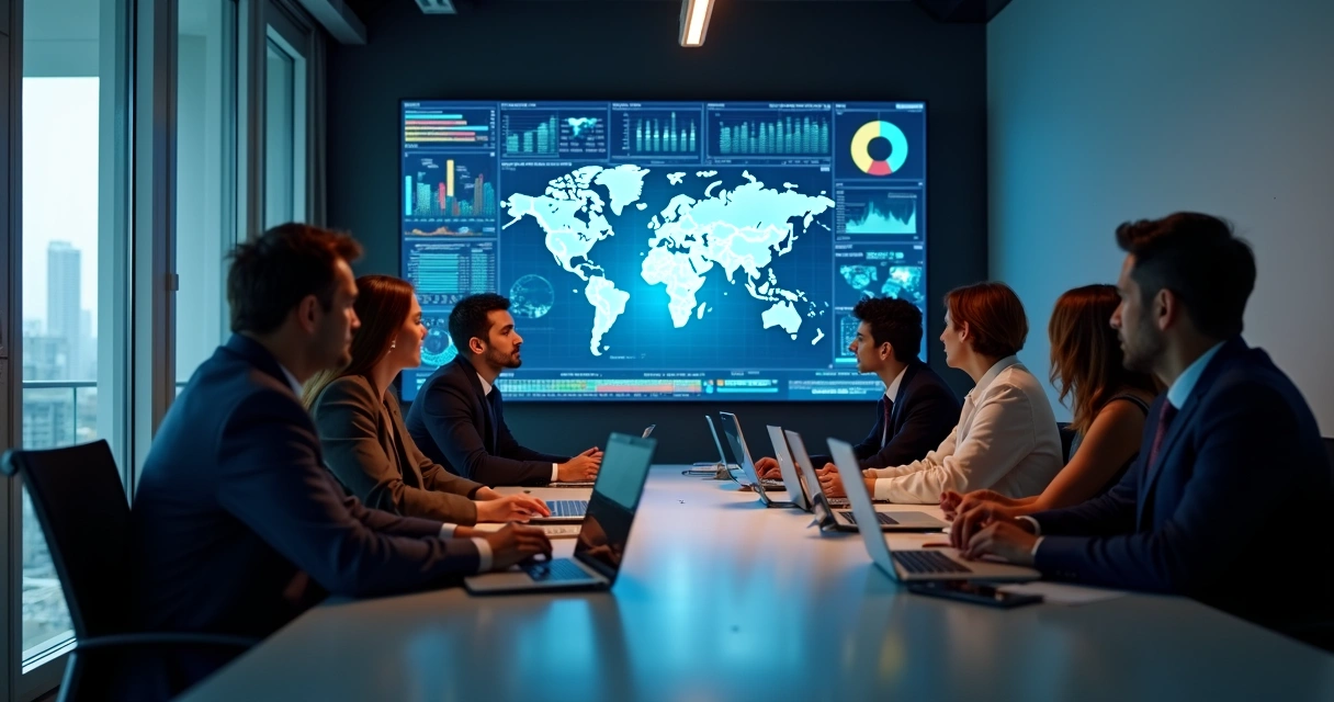 Equipe financeira analisando gráficos de fluxo de caixa na tela de um computador 