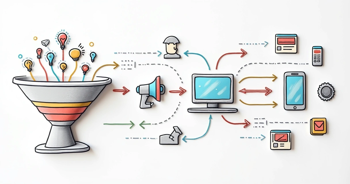 Diagrama de funil de campanha digital e CRM integrados 