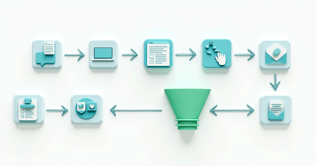 Esquema visual de fluxo de campanha de marketing digital, composto por setas, postagens, site e funil 