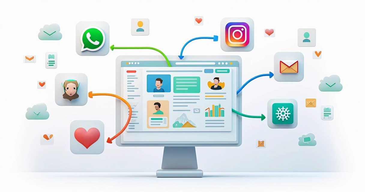 Fluxo visual de integração entre WhatsApp, Instagram, e-mail e site 