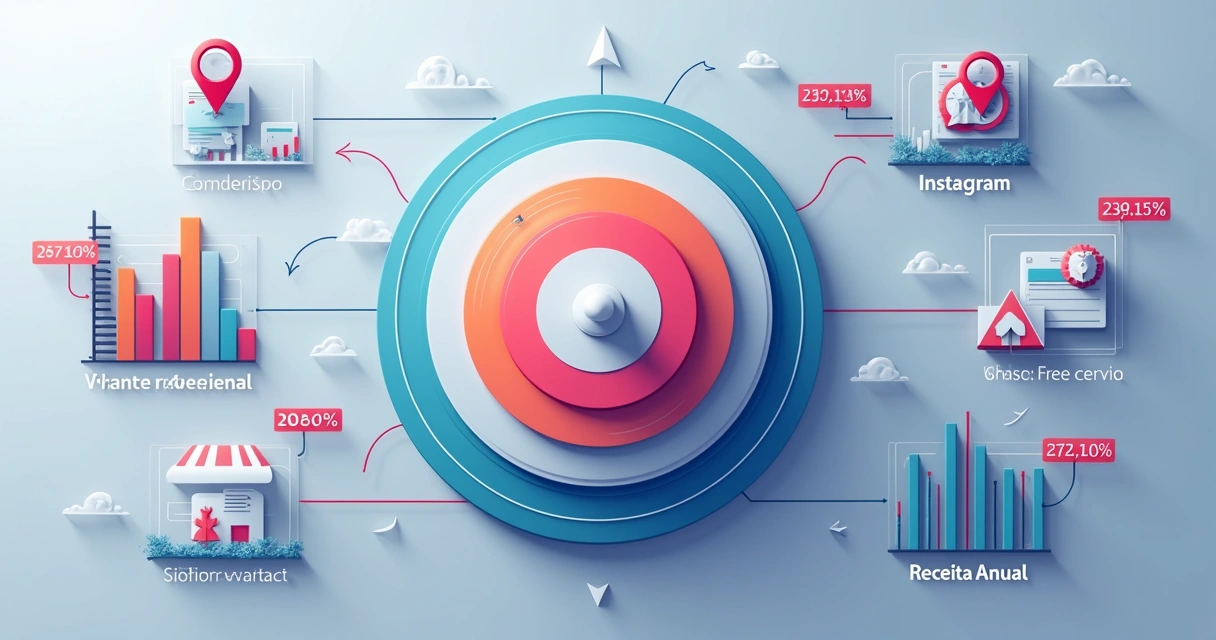 Diagrama mostrando diferentes canais de venda, cada um contribuindo para a receita total da empresa, como WhatsApp, redes sociais, eventos e indicações. 