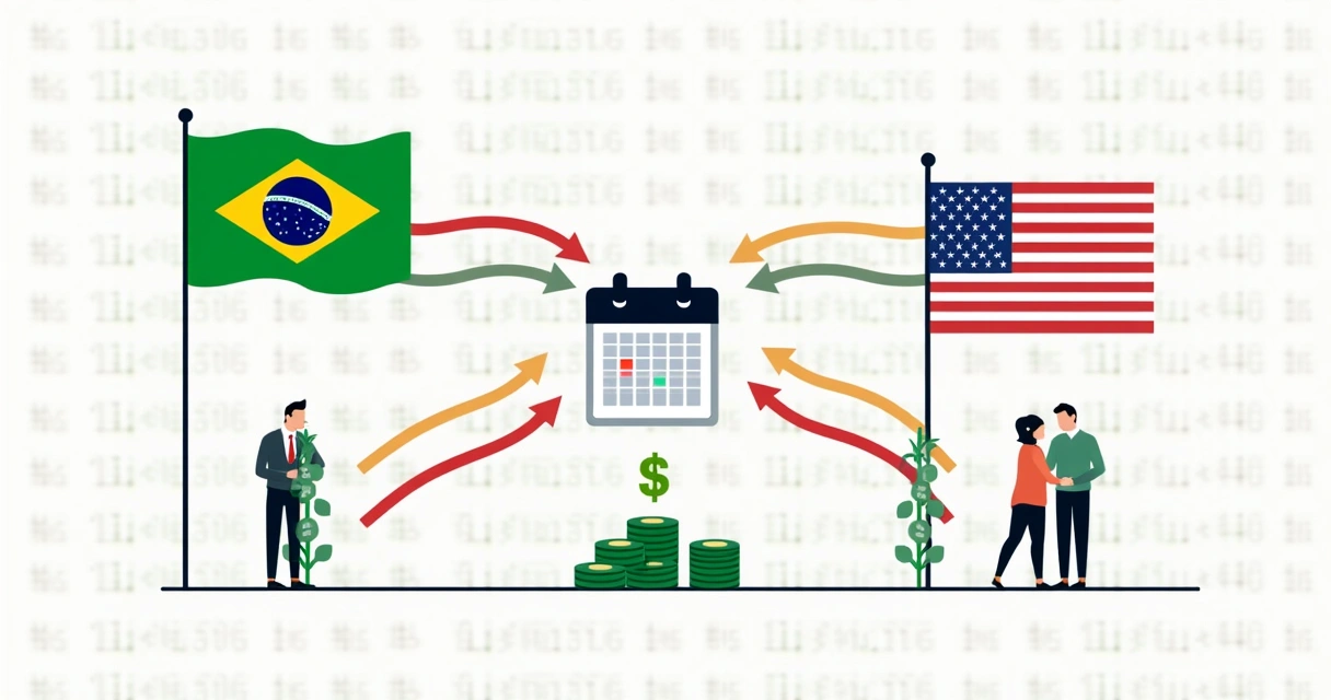 Diagram of capital flow between Brazil and the United States in 2026, arrows showing money outflows and inflows between two stylized maps