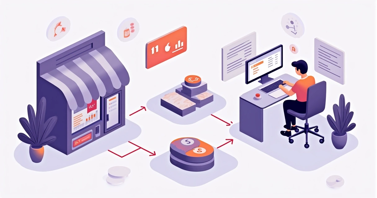 Fluxo ilustrado de processos automatizados na Cartpanda, incluindo split e relatórios 