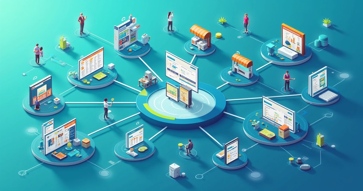 Visão geral de um ecossistema de franquias conectadas a uma plataforma central de pagamentos, mostrando unidades, dashboards financeiros, gráficos e maquininhas com personalização de marca. 