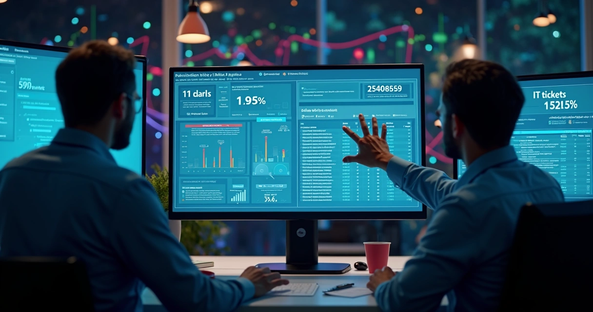 Painel de tickets aberto em tela com gráficos e fluxo de chamados de TI 