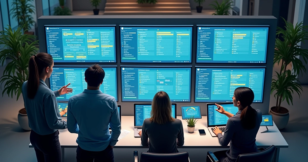 Fluxo de chamados em gestão de TI com painéis e pessoas atentas. 