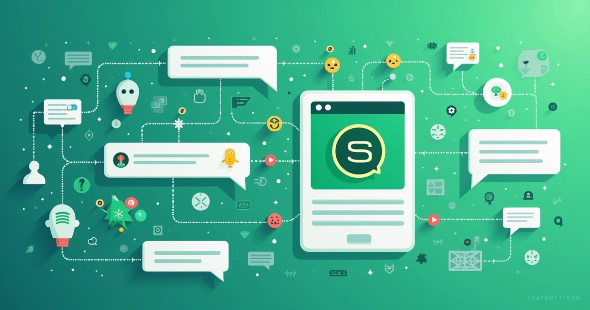 Diagrama colorido mostrando o fluxo de mensagens em um chatbot do WhatsApp, desde a mensagem inicial do cliente até uma seleção de respostas automatizadas, tudo com visual moderno em tons de verde e azul.