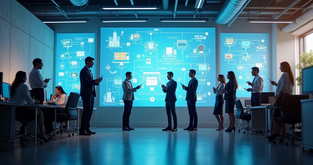 Fluxo de atendimento automatizado em imobiliária com chatbot, corretores e clientes interagindo em telas digitais 