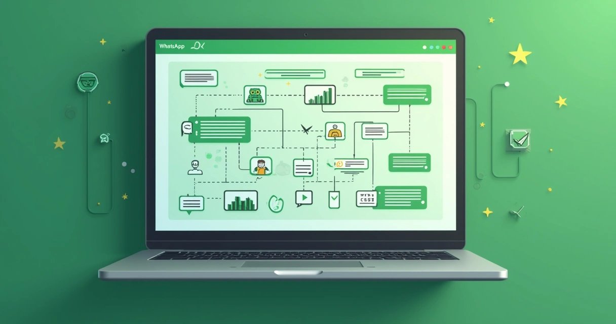 Fluxo visual de chatbot no WhatsApp em tela digital 