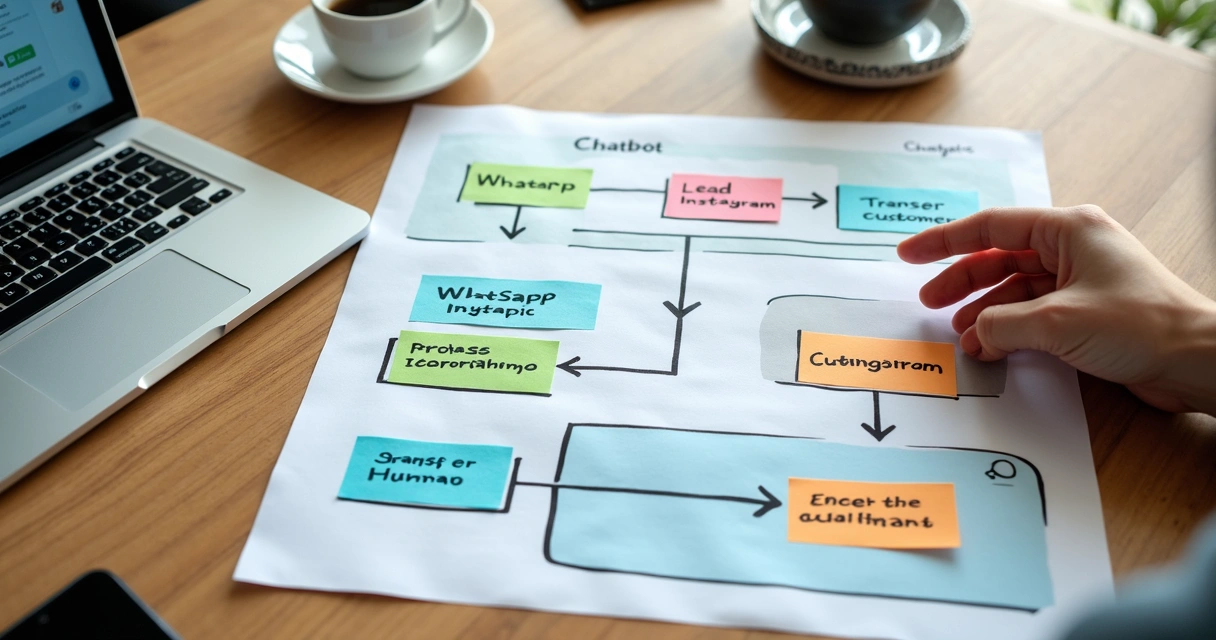 Mapa visual de fluxo de chatbot para WhatsApp e Instagram