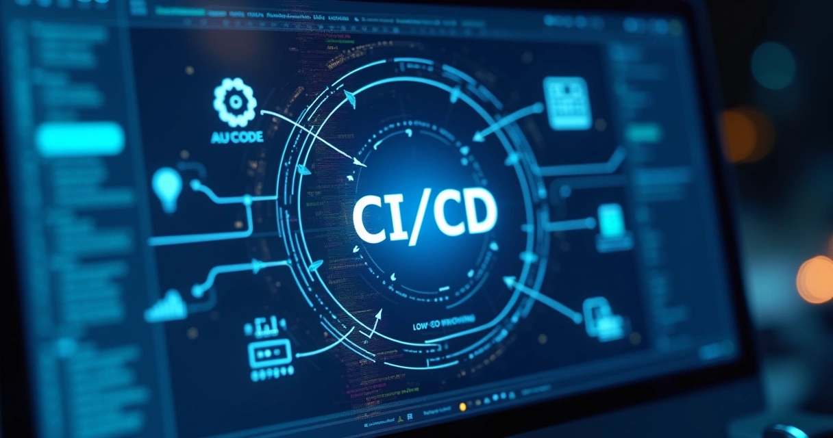 Tela de computador exibindo fluxo CI/CD com ícones de low-code e automação em fundo tecnológico azul 