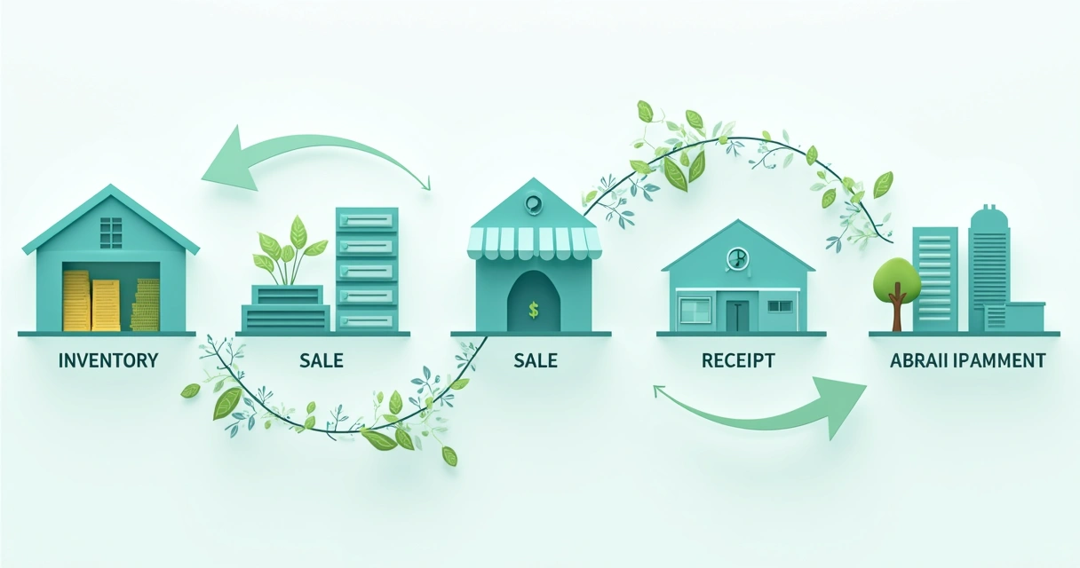 Diagrama simples com o ciclo financeiro de uma empresa: estoque, venda, recebimento e pagamento. 