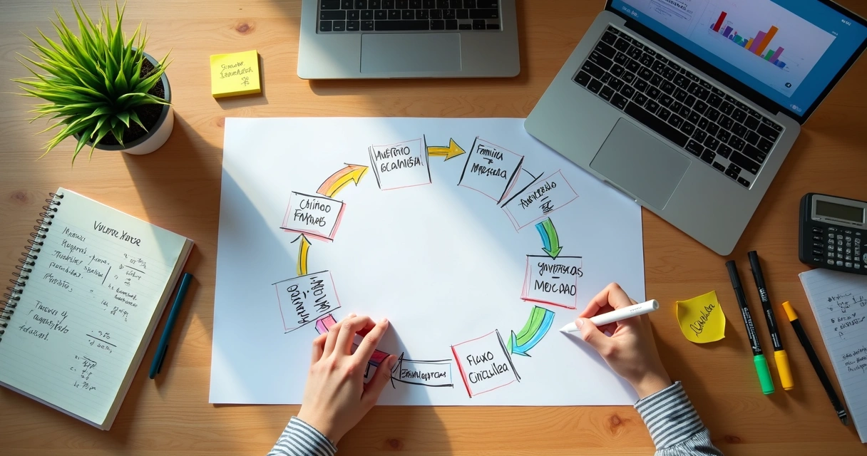Diagrama visual de fluxo circular de renda entre família empresa governo e mercado 