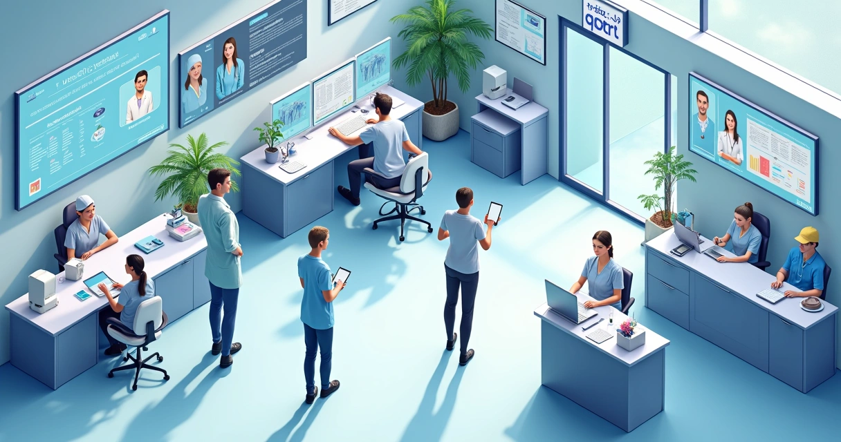 Ilustração do fluxo de uma clínica odontológica moderna, com áreas de recepção, consultório, administração e financeiro integradas