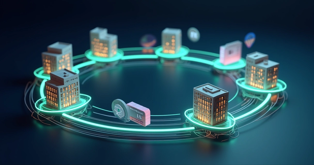 Fluxo automático de cobrança de aluguel com ícones de boleto e PIX conectando imóveis e conta bancária 