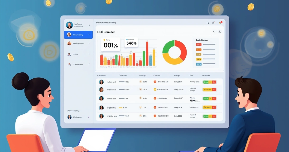Fluxo digital de cobrança automatizada ilustrado em um dashboard financeiro moderno
