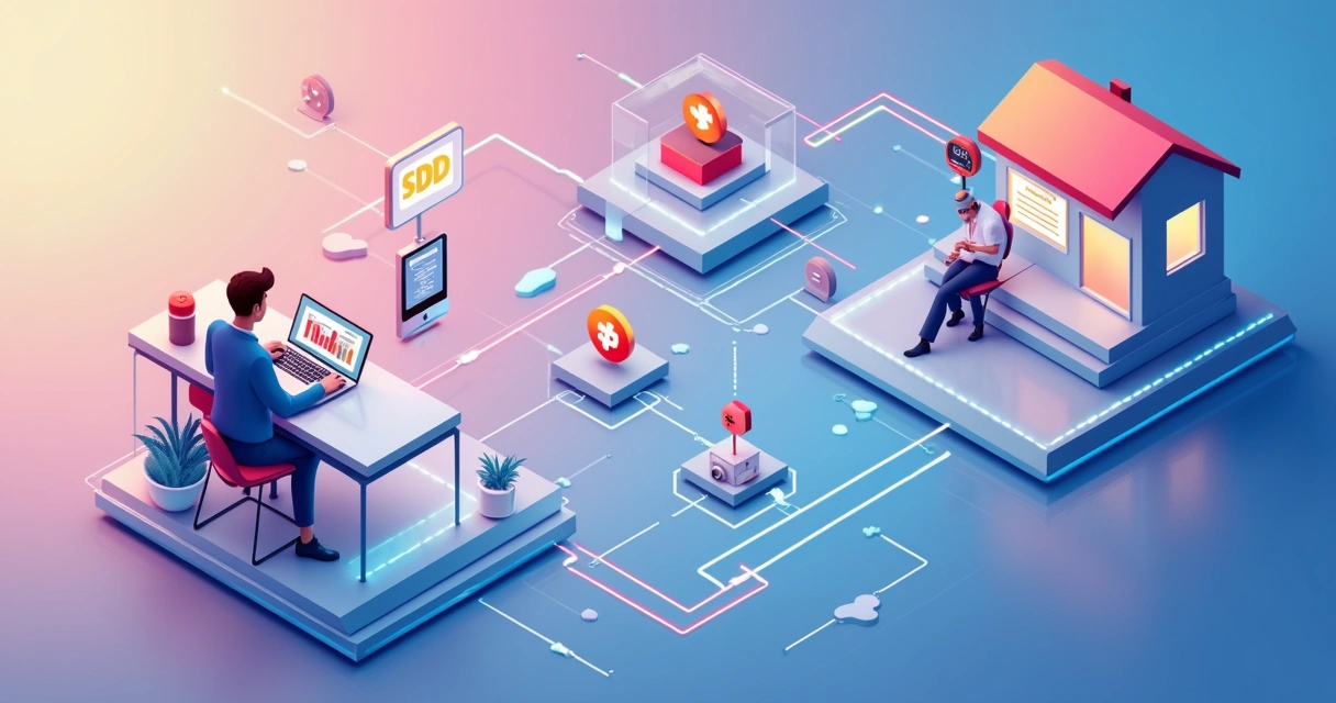 Fluxo digital ilustrado entre empresa e cliente com ícones de IA e automação 