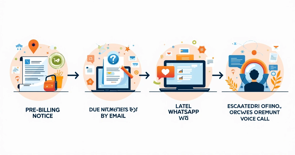 Fluxo visual de etapas de cobrança empresarial
