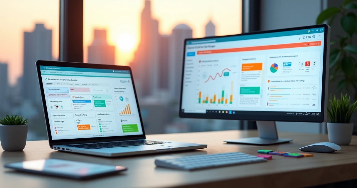 Dashboard colorido mostra fluxo de cobrança recorrente automatizada na tela de notebook 