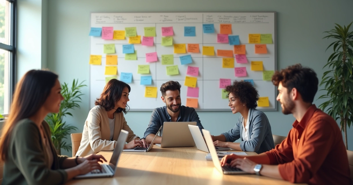 Equipe colaborando em um escritório com quadros Kanban na parede 