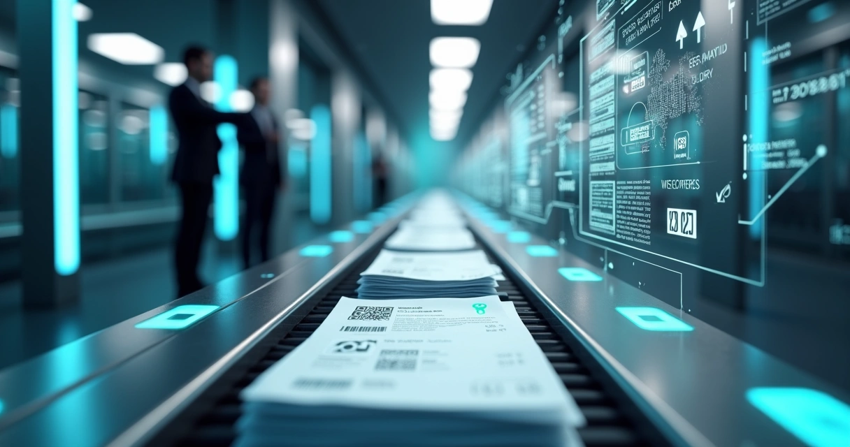 Esteira automatizada transportando documentos fiscais e códigos tributários em ambiente tecnológico moderno 