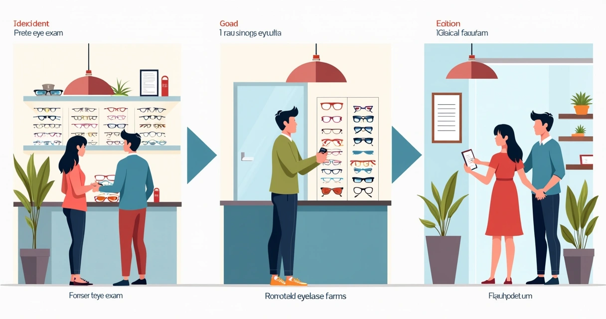 Ilustração mostrando o fluxo do cliente do exame até a compra de óculos 