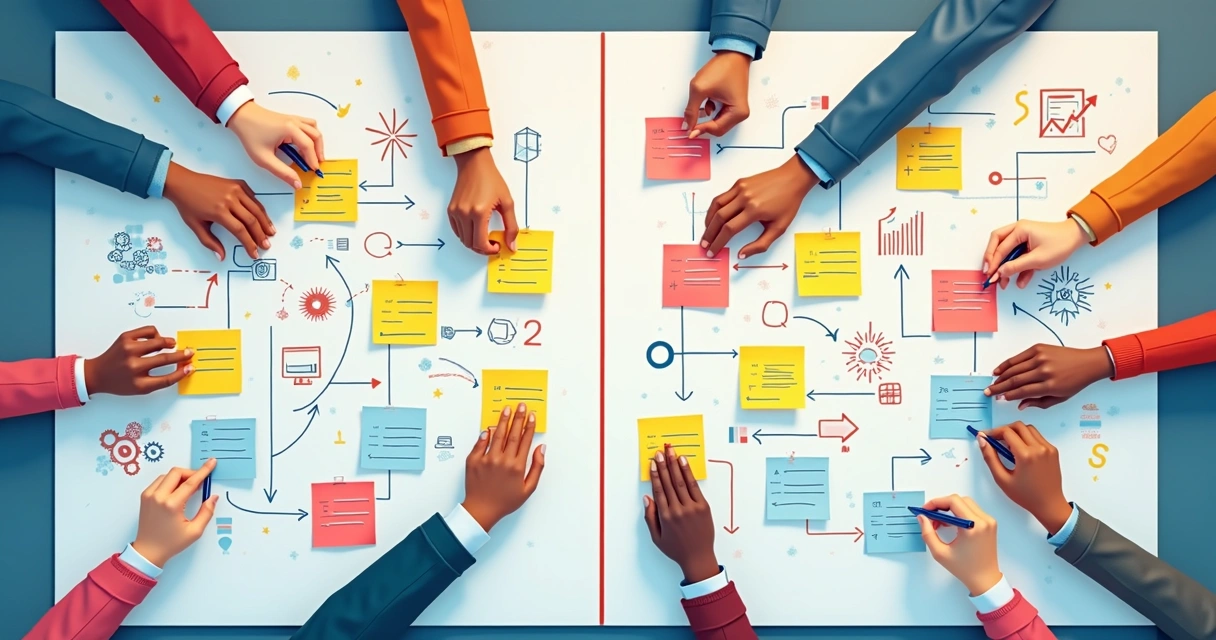 Fluxo colaborativo entre equipes de tecnologia e negócios representado em quadro com post-its e setas coloridas 