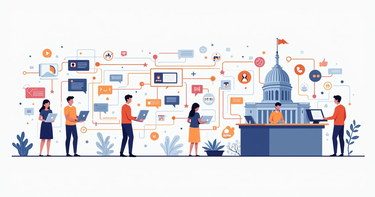 Fluxo visual da comunicação integrada em um gabinete, com canais digitais interligados 