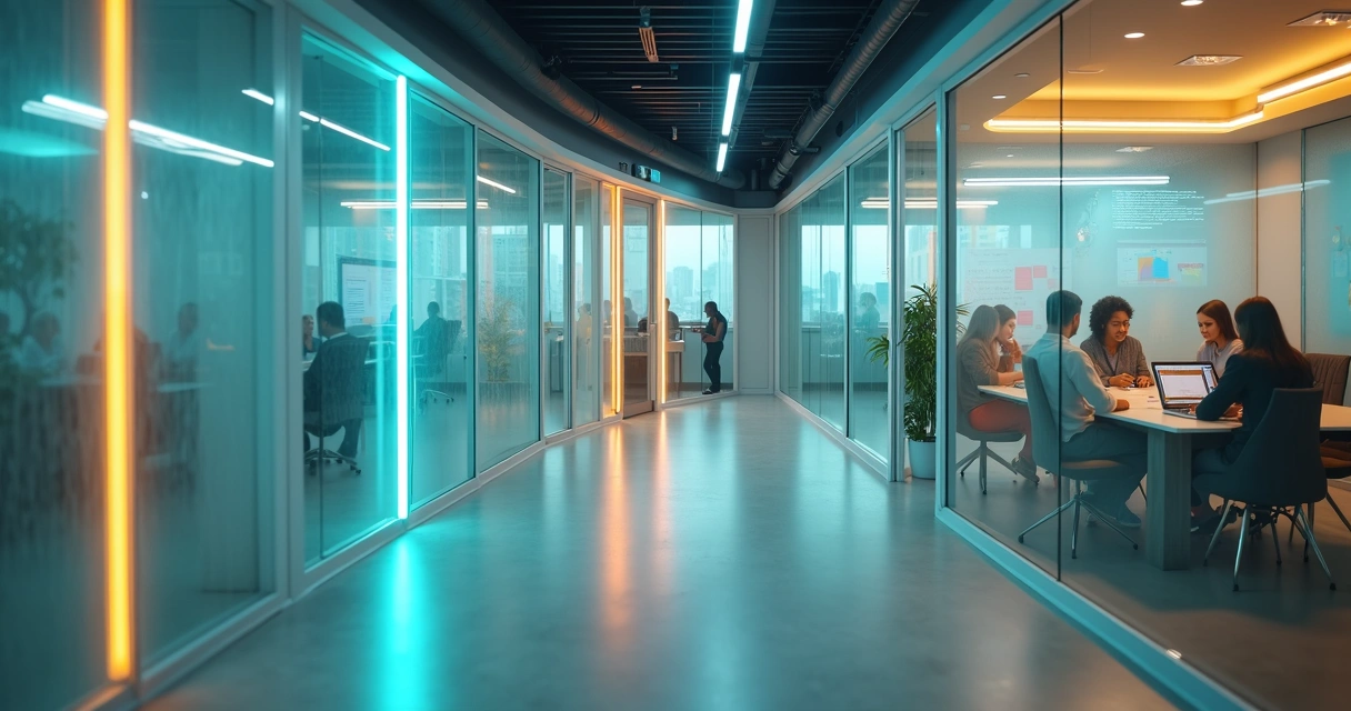 Corredor corporativo com linhas de luz conectando salas representando fluxo de comunicação interna 