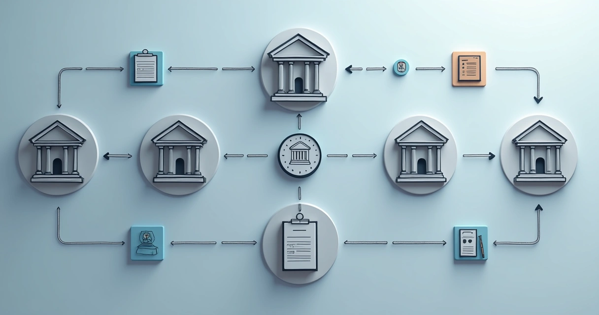 Diagramas mostrando contas bancárias conectando-se a sistema financeiro.