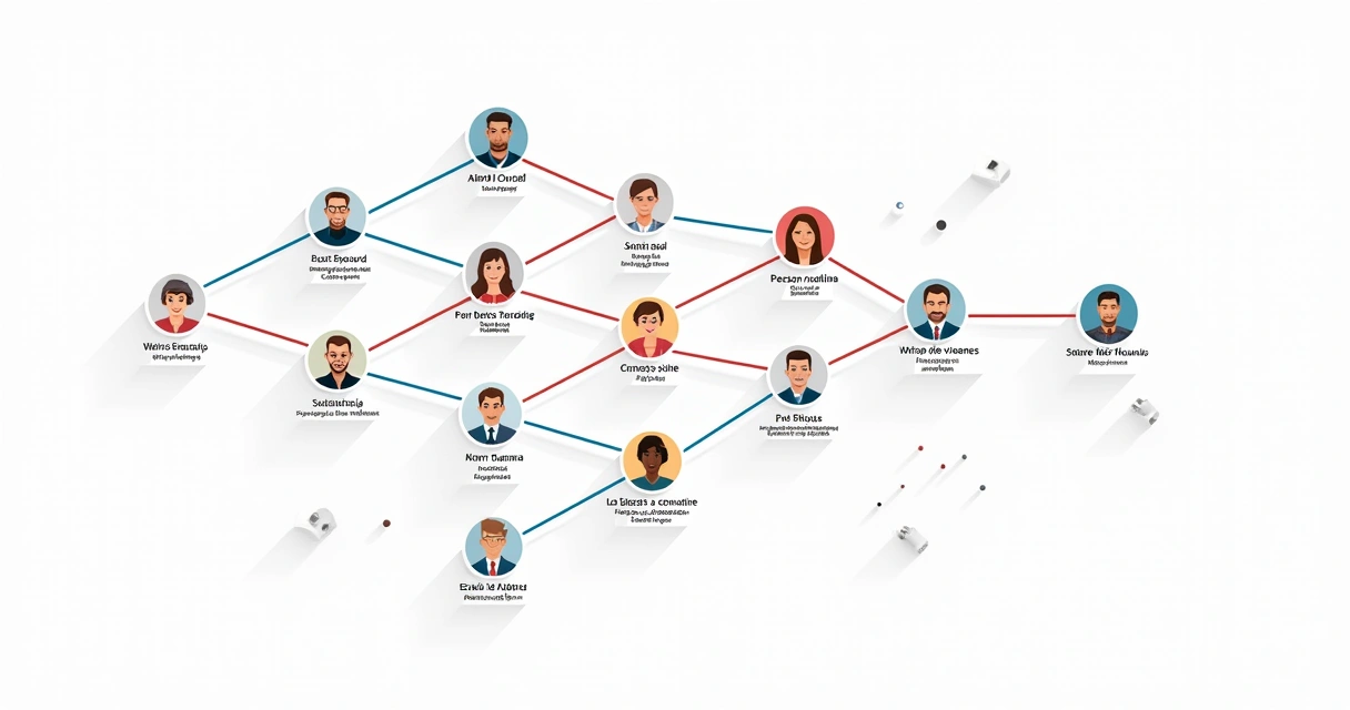 Diagrama com linhas conectando diferentes nomes e empresas 