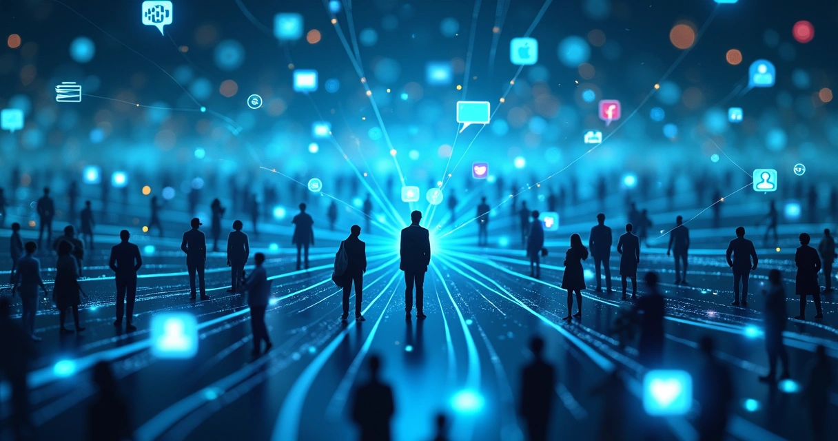 Fluxo visual de pessoas conectadas por redes sociais trocando ideias