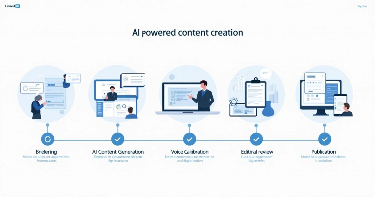 Fluxo visual de criação de conteúdo no LinkedIn usando IA, mostrando etapas desde briefing até publicação com indicadores de engajamento 