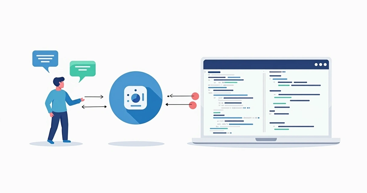Diagrama mostrando fluxo de conversa entre usuário e IA gerando código 