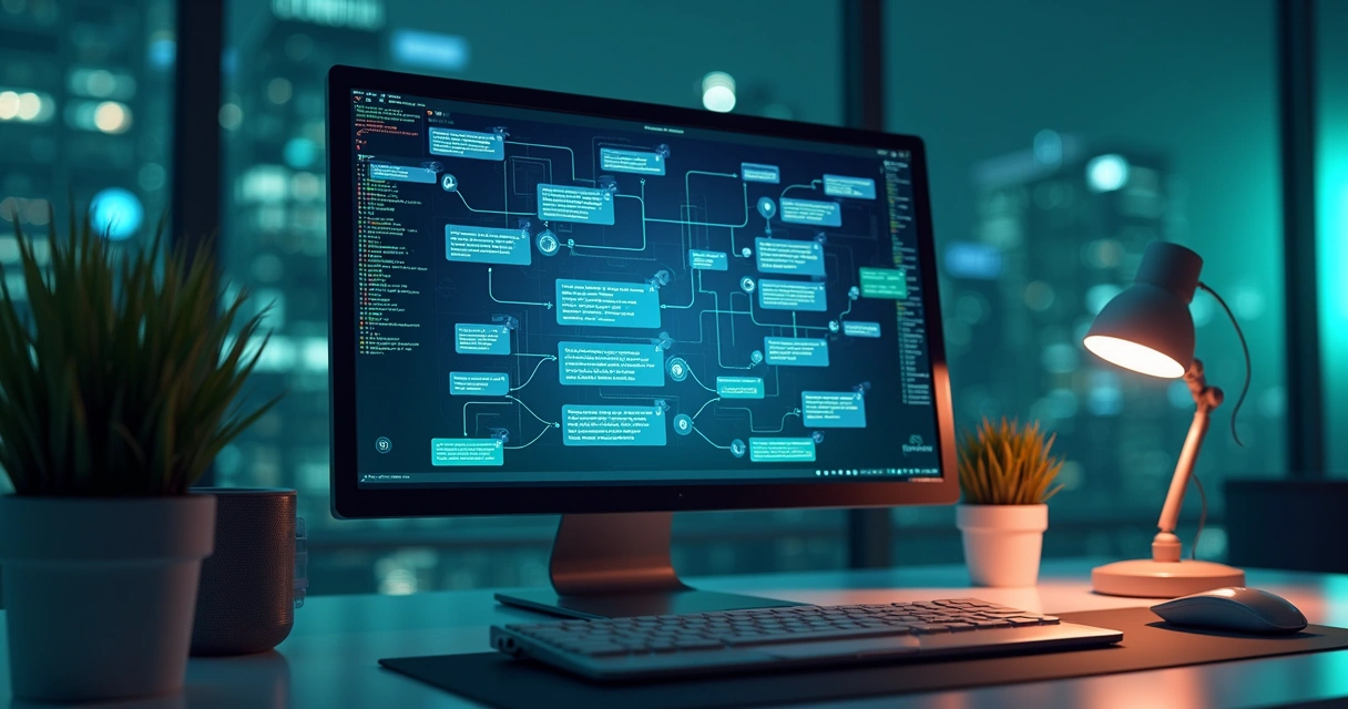 Fluxo conversacional interativo gerenciado em tela de computador com design moderno e elementos tecnológicos ao redor 