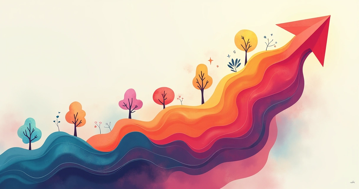 Fluxo de emoções ilustrado por formas coloridas flutuando em linha crescente 