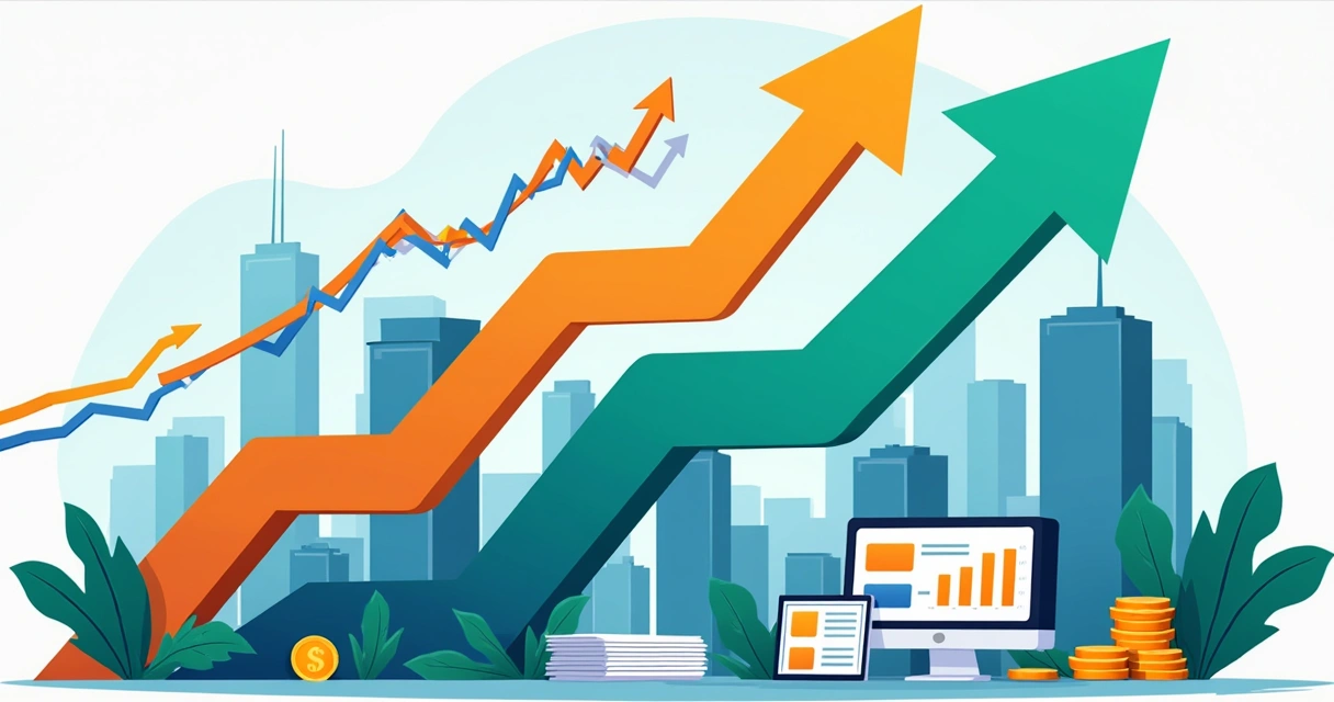 Fluxo de crescimento empresarial com setas e gráficos coloridos 