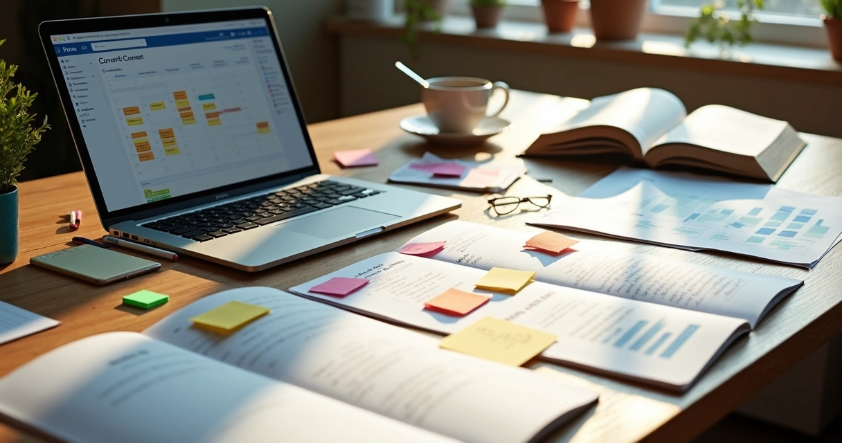 Fluxo de processo de criação de conteúdo para LinkedIn, com anotações, laptop e gráficos 