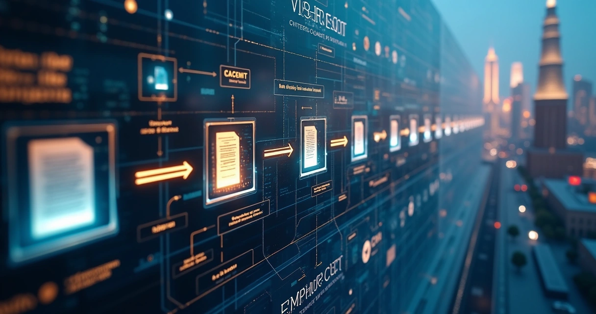 Fluxo digital de custódia de CRI com setas, contratos e prédios