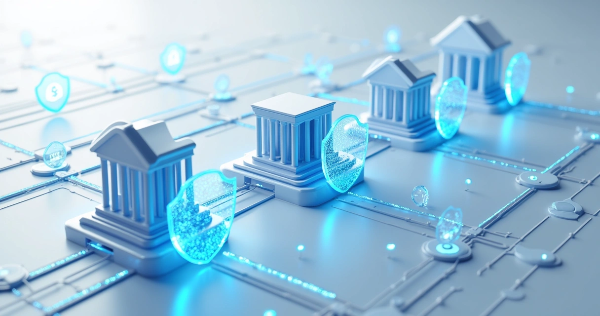 Representação gráfica de fluxo de dados bancários criptografados entre sistemas e bancos com camada de segurança visível por escudos. 