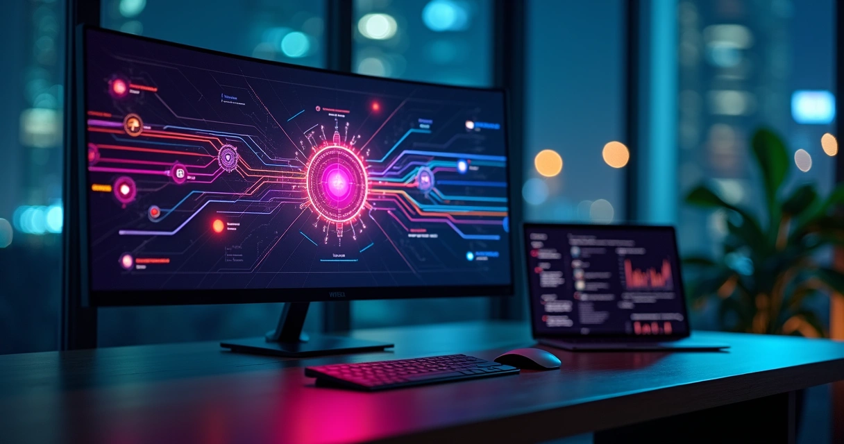 Fluxo de dados coloridos formando símbolo de omnichannel em tela de computador de vendas 
