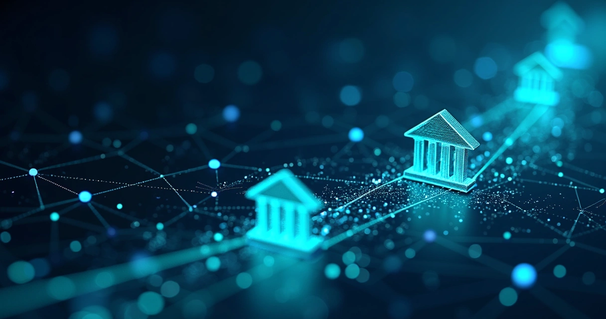 Ilustração abstrata de dados digitais conectando bancos e sistemas financeiros 