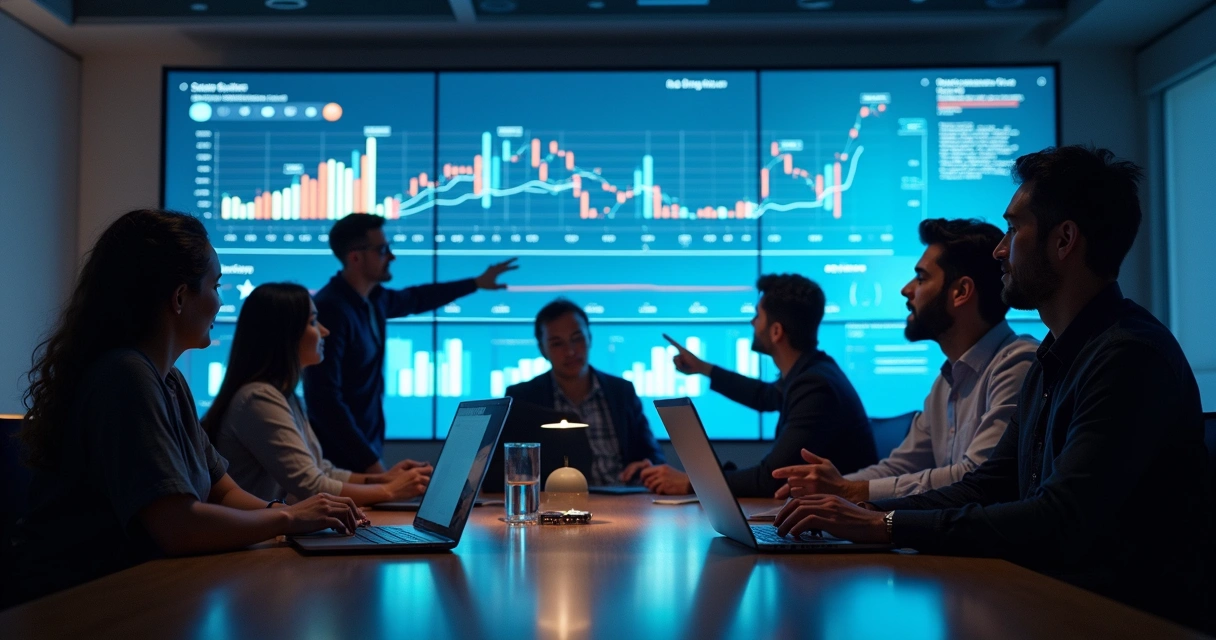 Equipe de vendas observando gráficos de fluxo de dados em tela gigante 