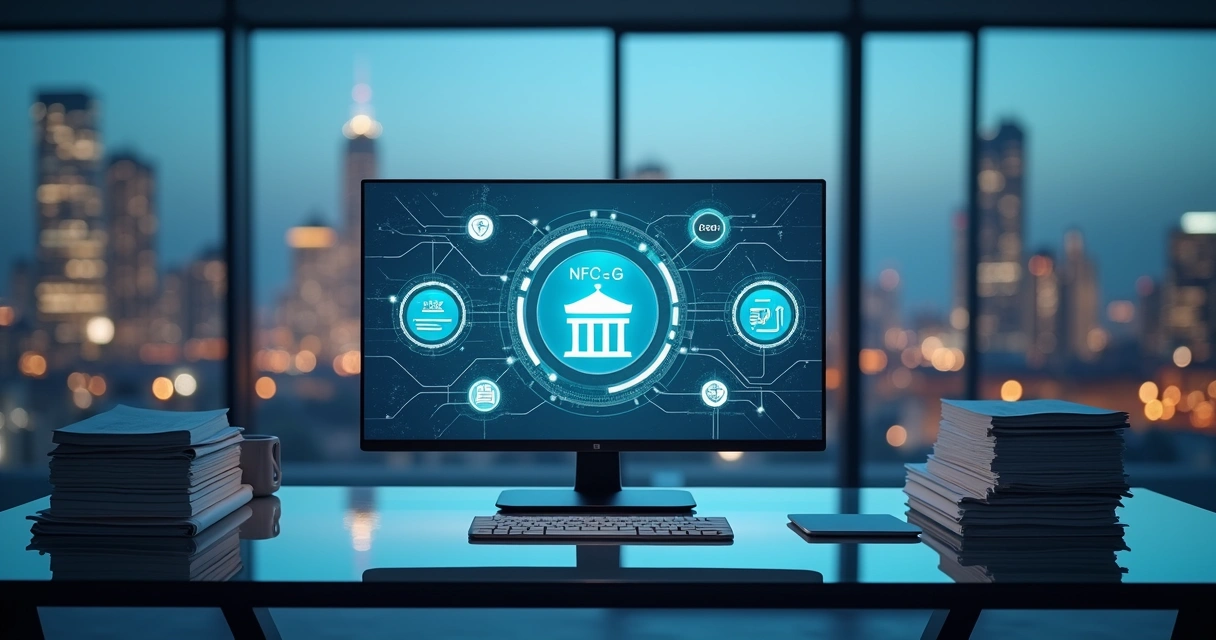 Conexões digitais representando fluxo de dados fiscais entre empresas e governo 