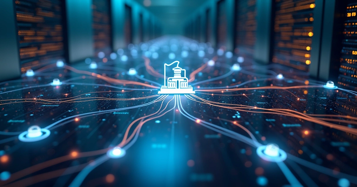 Fluxo de dados digitais conectando tribunais, empresas e departamento jurídico 