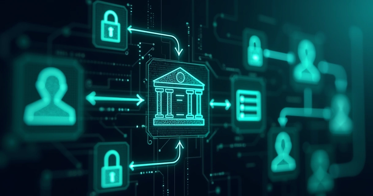 Fluxograma digital mostrando integração entre bancos, sistemas contábeis e usuários 